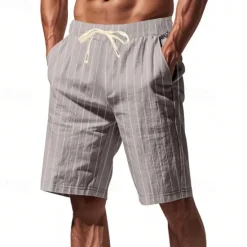 Discount OUKU Men's Shorts Linen Shorts Summer Shorts Beach Shorts Pocket Drawstring Elastic Waist Stripes Comfort Breathable Short Vacation Holiday Beach Hawaiian Boho Black White