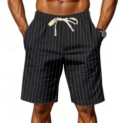 Discount OUKU Men's Shorts Linen Shorts Summer Shorts Beach Shorts Pocket Drawstring Elastic Waist Stripes Comfort Breathable Short Vacation Holiday Beach Hawaiian Boho Black White