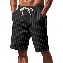 Discount OUKU Men's Shorts Linen Shorts Summer Shorts Beach Shorts Pocket Drawstring Elastic Waist Stripes Comfort Breathable Short Vacation Holiday Beach Hawaiian Boho Black White