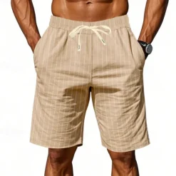 Discount OUKU Men's Shorts Linen Shorts Summer Shorts Beach Shorts Pocket Drawstring Elastic Waist Stripes Comfort Breathable Short Vacation Holiday Beach Hawaiian Boho Black White