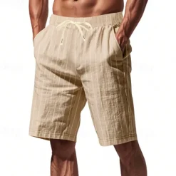 Discount OUKU Men's Shorts Linen Shorts Summer Shorts Beach Shorts Pocket Drawstring Elastic Waist Stripes Comfort Breathable Short Vacation Holiday Beach Hawaiian Boho Black White
