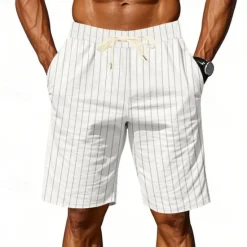 Discount OUKU Men's Shorts Linen Shorts Summer Shorts Beach Shorts Pocket Drawstring Elastic Waist Stripes Comfort Breathable Short Vacation Holiday Beach Hawaiian Boho Black White