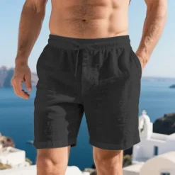 Online OUKU Men's Shorts Linen Shorts Summer Shorts Beach Shorts Pocket Drawstring Elastic Waist Plain Comfort Breathable Short Vacation Holiday Beach Hawaiian Boho Black White