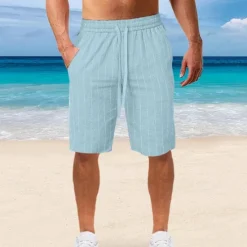 Sale OUKU Men's Shorts Linen Shorts Summer Shorts Beach Shorts Pocket Drawstring Elastic Waist Stripe Comfort Breathable Knee Length Outdoor Holiday Beach Vacation Casual Black White