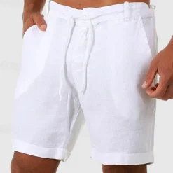 New OUKU Men's Shorts Linen Shorts Summer Shorts Beach Shorts Buttons Pocket Drawstring Plain Breathable Knee Length Outdoor Daily Going out Fashion Classic Style White Navy Blue