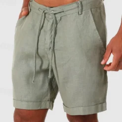New OUKU Men's Shorts Linen Shorts Summer Shorts Beach Shorts Buttons Pocket Drawstring Plain Breathable Knee Length Outdoor Daily Going out Fashion Classic Style White Navy Blue