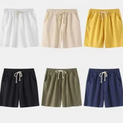 OUKU Men's Shorts Linen Shorts Summer Shorts Drawstring Elastic Waist Plain Comfort Short Casual Daily Holiday Linen Cotton Blend Fashion Classic Style Black White Yellow