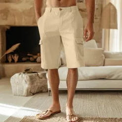 Outlet OUKU Men's Shorts Linen Shorts Summer Shorts Front Pocket Straight Leg Plain Comfort Breathable Knee Length Party Outdoor Casual Fashion Basic White Khaki