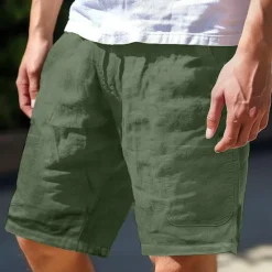 Hot OUKU Men's Shorts Linen Shorts Summer Shorts Pocket Plain Comfort Breathable Short Casual Daily Holiday Fashion Classic Style Army Green
