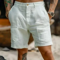 Sale OUKU Men's Shorts Linen Shorts Summer Shorts Beach Shorts Pocket Front Pocket Straight Leg Plain Comfort Breathable Knee Length Outdoor Casual Daily Fashion Streetwear White Sky Blue