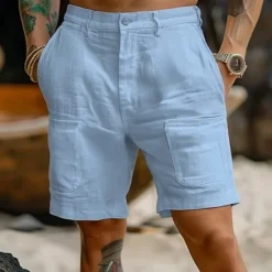 Sale OUKU Men's Shorts Linen Shorts Summer Shorts Beach Shorts Pocket Front Pocket Straight Leg Plain Comfort Breathable Knee Length Outdoor Casual Daily Fashion Streetwear White Sky Blue
