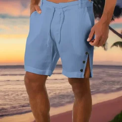 Clearance OUKU Men's Shorts Linen Shorts Summer Shorts Beach Shorts Pocket Drawstring Side Button Plain Comfort Breathable Short Casual Daily Holiday Fashion Designer Black White