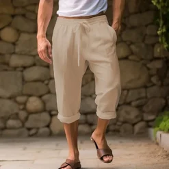 Clearance OUKU Men's Shorts Linen Shorts Summer Shorts Capri Pants Pocket Drawstring Elastic Waist Plain Comfort Breathable Calf-Length Casual Daily Holiday Simple Classic Style Black White