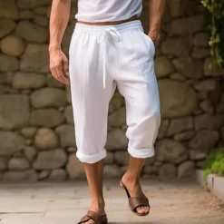 Clearance OUKU Men's Shorts Linen Shorts Summer Shorts Capri Pants Pocket Drawstring Elastic Waist Plain Comfort Breathable Calf-Length Casual Daily Holiday Simple Classic Style Black White