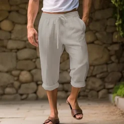 Clearance OUKU Men's Shorts Linen Shorts Summer Shorts Capri Pants Pocket Drawstring Elastic Waist Plain Comfort Breathable Calf-Length Casual Daily Holiday Simple Classic Style Black White