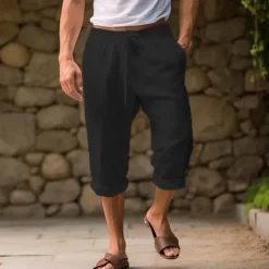 Clearance OUKU Men's Shorts Linen Shorts Summer Shorts Capri Pants Pocket Drawstring Elastic Waist Plain Comfort Breathable Calf-Length Casual Daily Holiday Simple Classic Style Black White