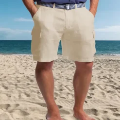 Sale OUKU Men's Shorts Linen Shorts Summer Shorts Beach Shorts Multi Pocket Straight Leg Plain Comfort Breathable Short Casual Daily Holiday Fashion Designer White Khaki