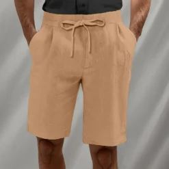 Discount OUKU Men's Shorts Linen Shorts Summer Shorts Beach Shorts Drawstring Elastic Waist Pleats Plain Breathable Knee Length Home Yoga Casual Athleisure White Brown