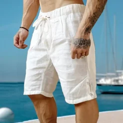 Outlet OUKU Men's Shorts Linen Shorts Summer Shorts Beach Shorts Drawstring Elastic Waist Plain Breathable Knee Length Yoga Beach Hawaiian Casual Black White