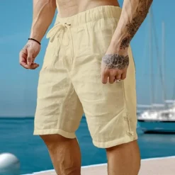 Outlet OUKU Men's Shorts Linen Shorts Summer Shorts Beach Shorts Drawstring Elastic Waist Plain Breathable Knee Length Yoga Beach Hawaiian Casual Black White