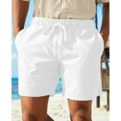 Online OUKU Men's Shorts Linen Shorts Summer Shorts Drawstring Elastic Waist Straight Leg Plain Comfort Breathable Above Knee Casual Daily Holiday Fashion Classic Style Black White
