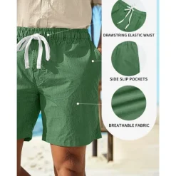 Online OUKU Men's Shorts Linen Shorts Summer Shorts Drawstring Elastic Waist Straight Leg Plain Comfort Breathable Above Knee Casual Daily Holiday Fashion Classic Style Black White