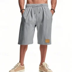 New OUKU Men's Shorts Linen Shorts Summer Shorts Beach Shorts Pocket Drawstring Elastic Waist Plain Comfort Breathable Knee Length Vacation Holiday Beach Hawaiian Boho Black White