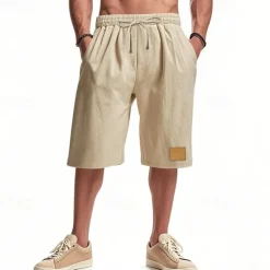 New OUKU Men's Shorts Linen Shorts Summer Shorts Beach Shorts Pocket Drawstring Elastic Waist Plain Comfort Breathable Knee Length Vacation Holiday Beach Hawaiian Boho Black White