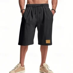New OUKU Men's Shorts Linen Shorts Summer Shorts Beach Shorts Pocket Drawstring Elastic Waist Plain Comfort Breathable Knee Length Vacation Holiday Beach Hawaiian Boho Black White