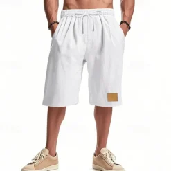 New OUKU Men's Shorts Linen Shorts Summer Shorts Beach Shorts Pocket Drawstring Elastic Waist Plain Comfort Breathable Knee Length Vacation Holiday Beach Hawaiian Boho Black White