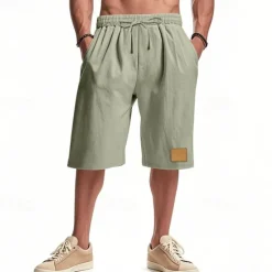 New OUKU Men's Shorts Linen Shorts Summer Shorts Beach Shorts Pocket Drawstring Elastic Waist Plain Comfort Breathable Knee Length Vacation Holiday Beach Hawaiian Boho Black White
