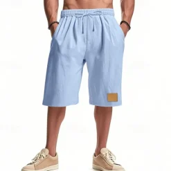 New OUKU Men's Shorts Linen Shorts Summer Shorts Beach Shorts Pocket Drawstring Elastic Waist Plain Comfort Breathable Knee Length Vacation Holiday Beach Hawaiian Boho Black White