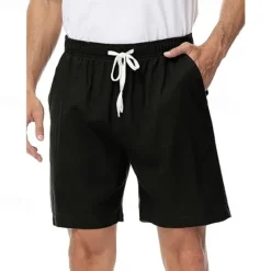 OUKU Men's Shorts Linen Shorts Summer Shorts Beach Shorts Drawstring Elastic Waist Plain Comfort Breathable Short Casual Daily Beach Fashion Classic Style Black Navy Blue