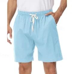 OUKU Men's Shorts Linen Shorts Summer Shorts Beach Shorts Drawstring Elastic Waist Plain Comfort Breathable Short Casual Daily Beach Fashion Classic Style Black Navy Blue