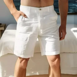 OUKU Men's Shorts Linen Shorts Dress Shorts Summer Shorts Zipper Buttons Pocket Plain Comfort Breathable Knee Length Outdoor Daily Going out Fashion Streetwear White Sky Blue