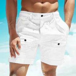New OUKU Men's Shorts Linen Shorts Summer Shorts Beach Shorts Buttons Pocket Elastic Waist Plain Comfort Breathable Short Casual Daily Holiday Fashion Classic Style White Khaki