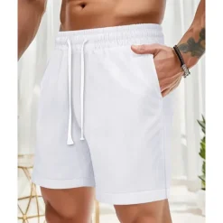 Discount OUKU Men's Shorts Linen Shorts Summer Shorts Beach Shorts Pocket Drawstring Elastic Waist Plain Comfort Breathable Short Vacation Holiday Beach Hawaiian Boho Black White
