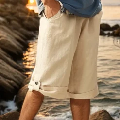 Clearance OUKU Men's Shorts Linen Shorts Summer Shorts Beach Shorts Capri Pants Pocket Drawstring Elastic Waist Plain Comfort Breathable Calf-Length Vacation Holiday Beach Hawaiian Boho Army Green Khaki