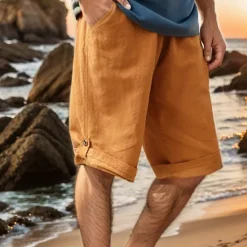 Clearance OUKU Men's Shorts Linen Shorts Summer Shorts Beach Shorts Capri Pants Pocket Drawstring Elastic Waist Plain Comfort Breathable Calf-Length Vacation Holiday Beach Hawaiian Boho Army Green Khaki