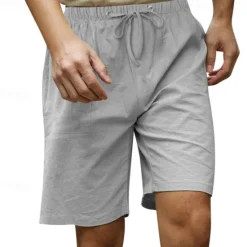 Online OUKU Men's Shorts Linen Shorts Summer Shorts Beach Shorts Pocket Drawstring Elastic Waist Plain Comfort Breathable Knee Length Casual Daily Holiday Fashion Classic Style Black White