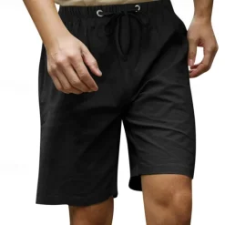 Online OUKU Men's Shorts Linen Shorts Summer Shorts Beach Shorts Pocket Drawstring Elastic Waist Plain Comfort Breathable Knee Length Casual Daily Holiday Fashion Classic Style Black White