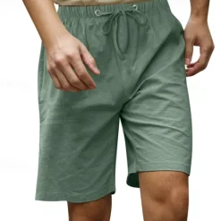 Online OUKU Men's Shorts Linen Shorts Summer Shorts Beach Shorts Pocket Drawstring Elastic Waist Plain Comfort Breathable Knee Length Casual Daily Holiday Fashion Classic Style Black White