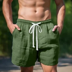 Discount OUKU Men's Shorts Linen Shorts Summer Shorts Pocket Drawstring Elastic Waist Plain Comfort Breathable Short Casual Daily Holiday Fashion Classic Style Black White