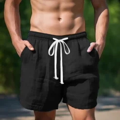 Discount OUKU Men's Shorts Linen Shorts Summer Shorts Pocket Drawstring Elastic Waist Plain Comfort Breathable Short Casual Daily Holiday Fashion Classic Style Black White