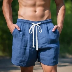 Discount OUKU Men's Shorts Linen Shorts Summer Shorts Pocket Drawstring Elastic Waist Plain Comfort Breathable Short Casual Daily Holiday Fashion Classic Style Black White