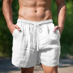 Discount OUKU Men's Shorts Linen Shorts Summer Shorts Pocket Drawstring Elastic Waist Plain Comfort Breathable Short Casual Daily Holiday Fashion Classic Style Black White