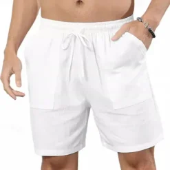 OUKU Men's Shorts Linen Shorts Summer Shorts Beach Shorts Drawstring Elastic Waist Front Pocket Plain Comfort Breathable Knee Length Outdoor Daily Holiday Fashion Classic Style Black White