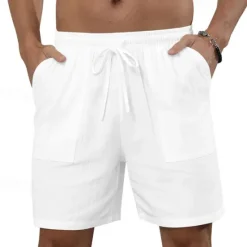 OUKU Men's Shorts Linen Shorts Summer Shorts Beach Shorts Drawstring Elastic Waist Front Pocket Plain Comfort Breathable Knee Length Outdoor Daily Holiday Fashion Classic Style Black White
