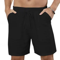 OUKU Men's Shorts Linen Shorts Summer Shorts Beach Shorts Drawstring Elastic Waist Front Pocket Plain Comfort Breathable Knee Length Outdoor Daily Holiday Fashion Classic Style Black White