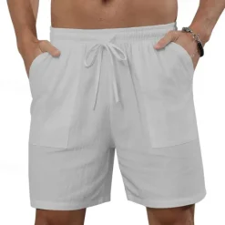 OUKU Men's Shorts Linen Shorts Summer Shorts Beach Shorts Drawstring Elastic Waist Front Pocket Plain Comfort Breathable Knee Length Outdoor Daily Holiday Fashion Classic Style Black White